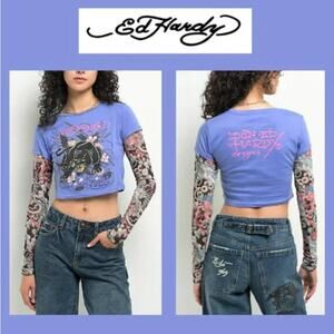 Ed Hardy Y2K Panther Tattoo Mesh Sleeve Top - Women's Large